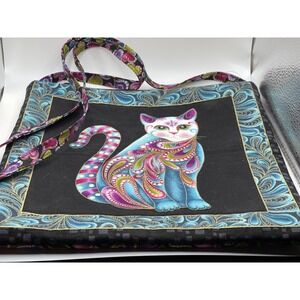 Artistic Psychedelic Cat Crossbody Bag Rhinestone Eyes Bohemian Fabric Purse